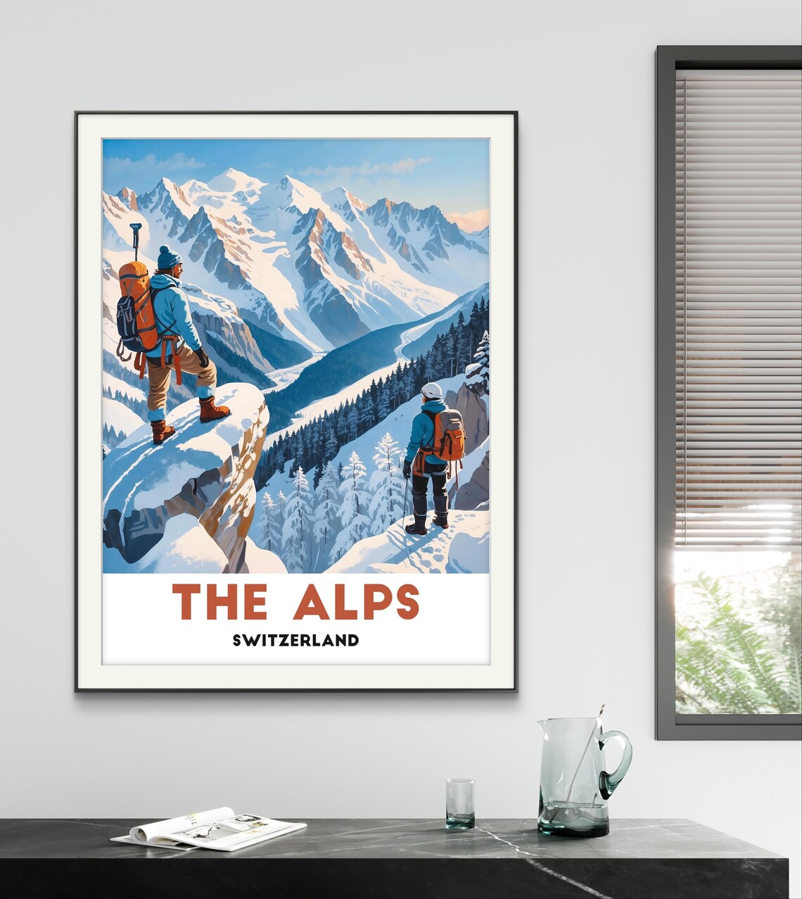 The Alps Switzerland Snowy Peaks Hikers Adventure Travel Poster
