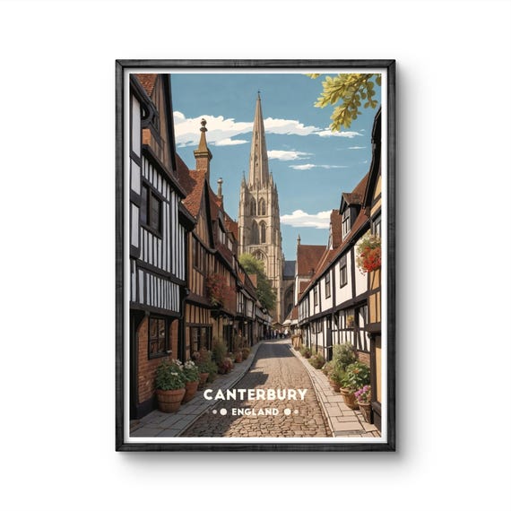 Canterbury England Vintage Poster Historic Cathedral Street Art Print For Travel And Architecture Enthusiasts Canterbury Wall Art