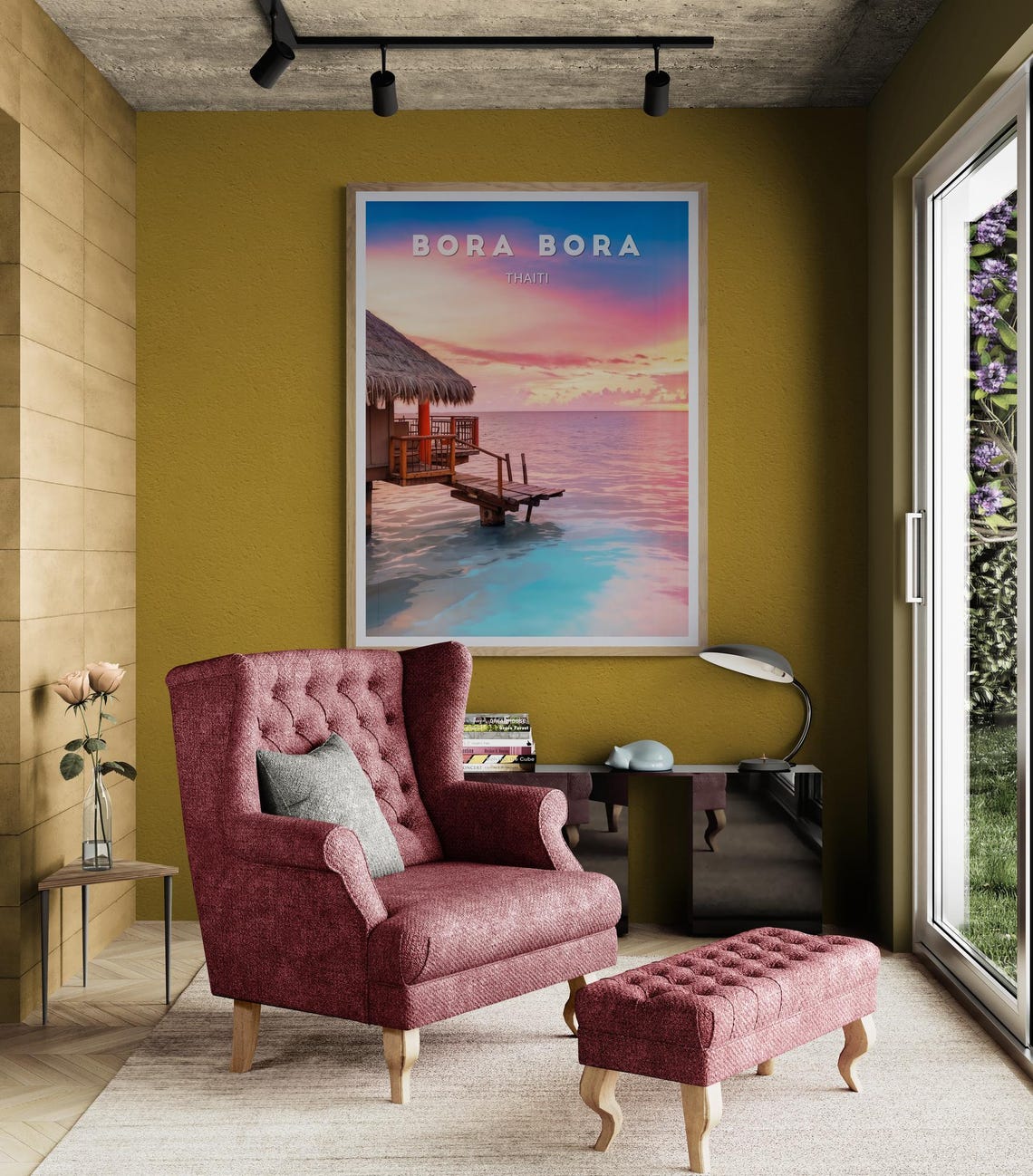 Bora Bora Tahiti Overwater Bungalow Pink Sunset Lagoon Poster - Image 3