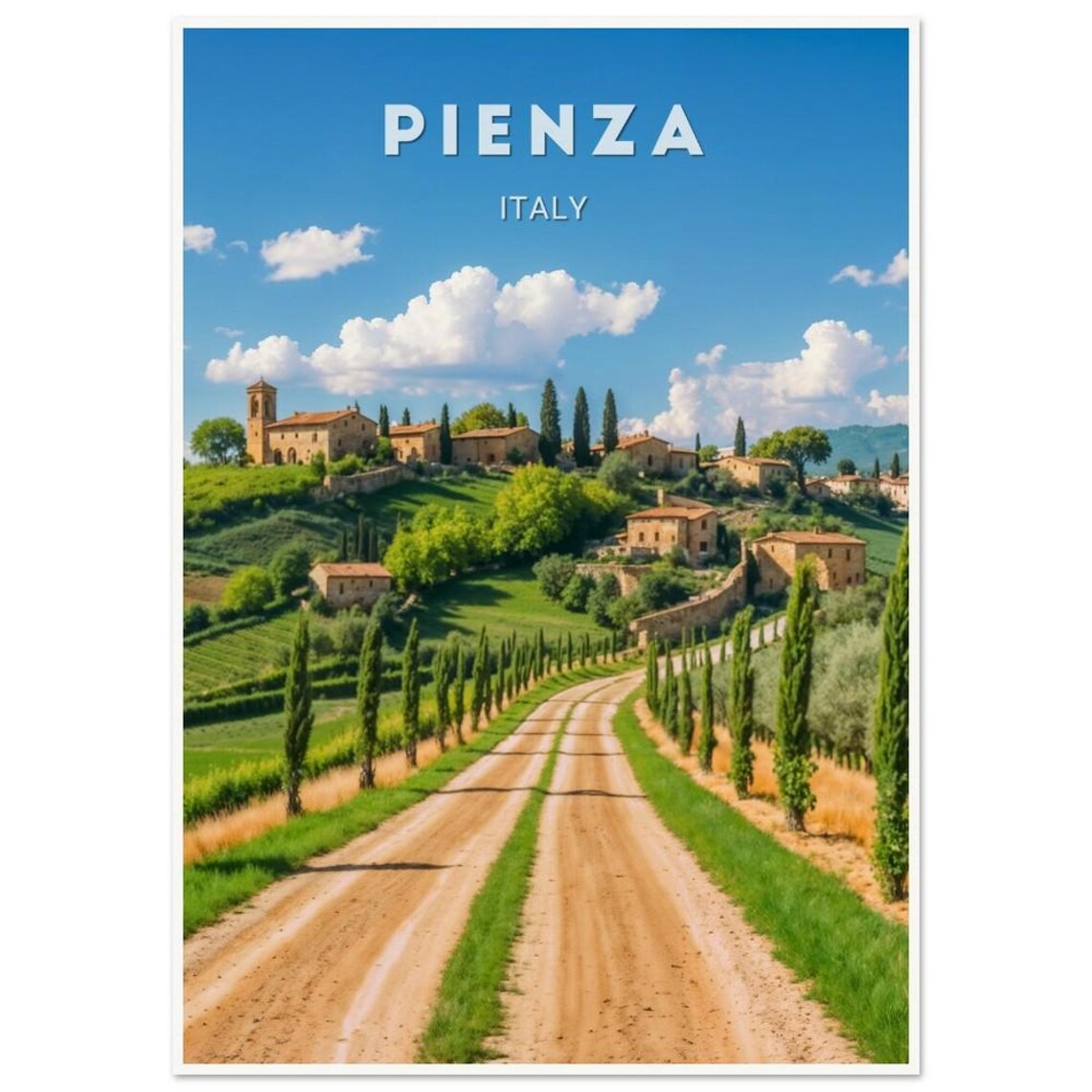 Pienza Italy Cypress Lined Dirt Road Tuscan Village Hills Poster - Image 3