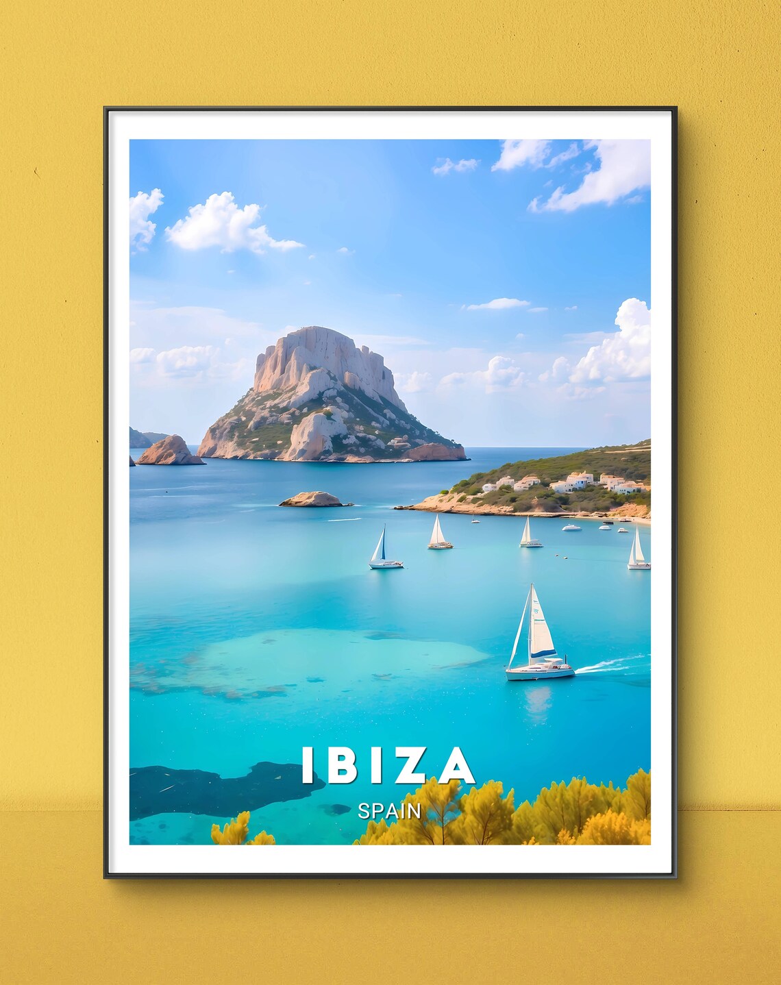 Ibiza Spain Sailboats on Turquoise Water Island Cove Travel Poster