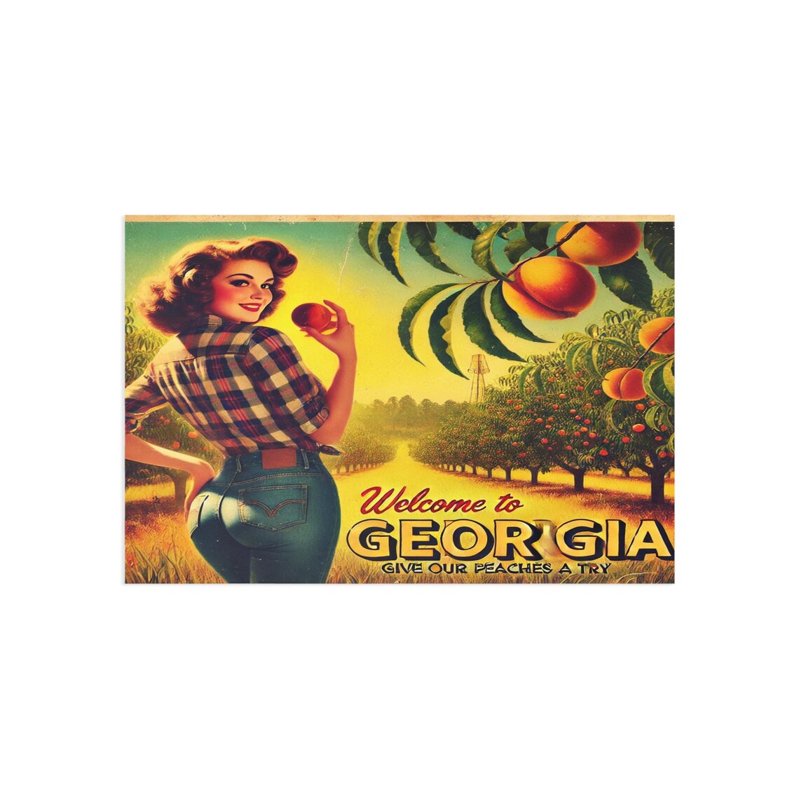 Welcome To Georgia Peach Orchard Pin Up Girl Retro Postcard Print