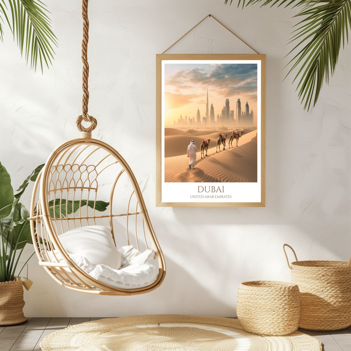 Dubai Desert Dunes Camel Caravan Skyline Sunset Travel Poster - Image 2