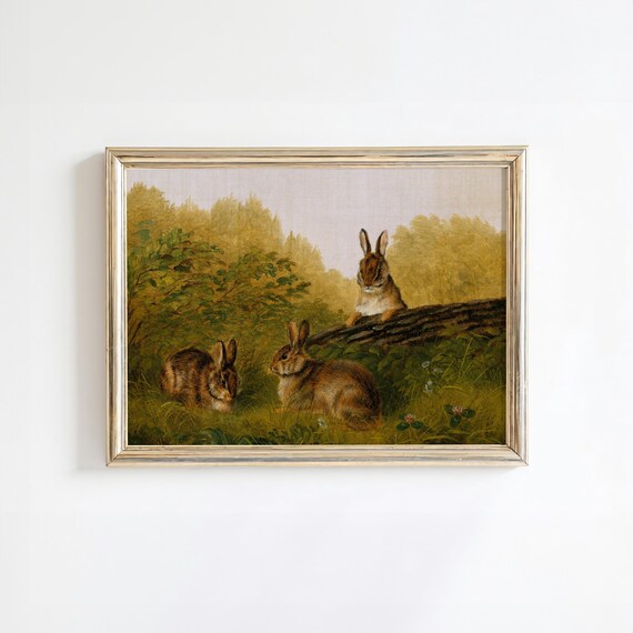 Vintage Three Rabbits in Meadow Field Wildlife Oil Painting Poster