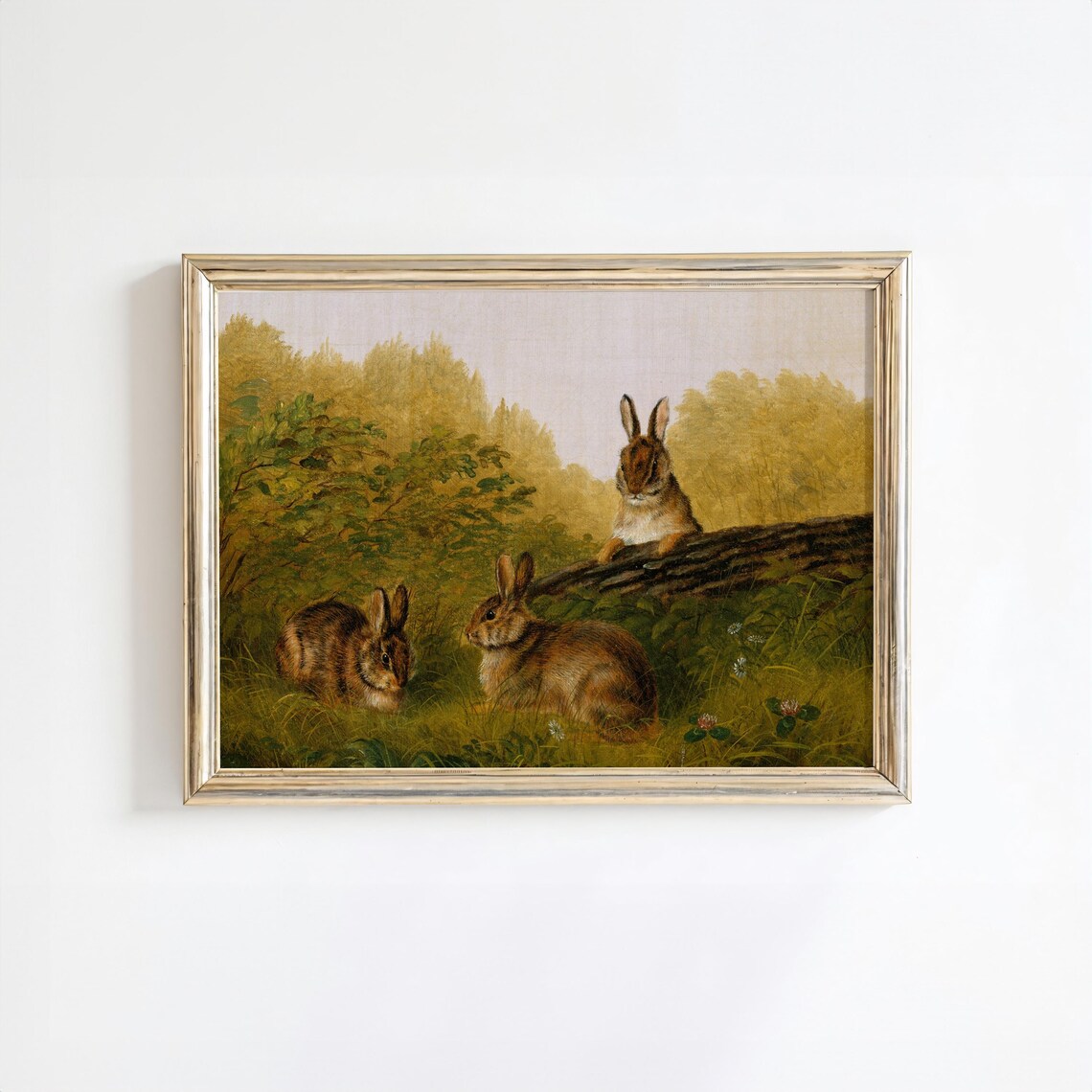 Vintage Three Rabbits in Meadow Field Wildlife Oil Painting Poster