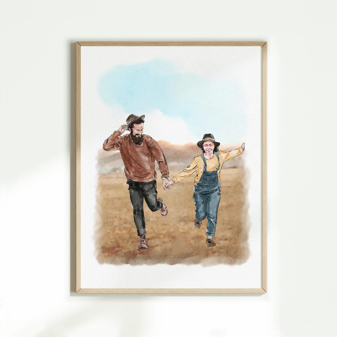 Country Couple Dancing in Field Custom Watercolor Portrait Poster
