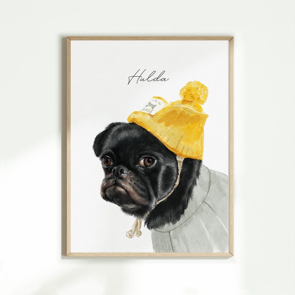 Black Pug Hulda in Yellow Beanie Custom Watercolor Poster Art