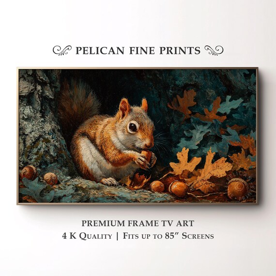 Squirrel Gathering Acorns Tv Art Rustic Fall Forest Decor Cozy Autumn Farmhouse Wall Tv36