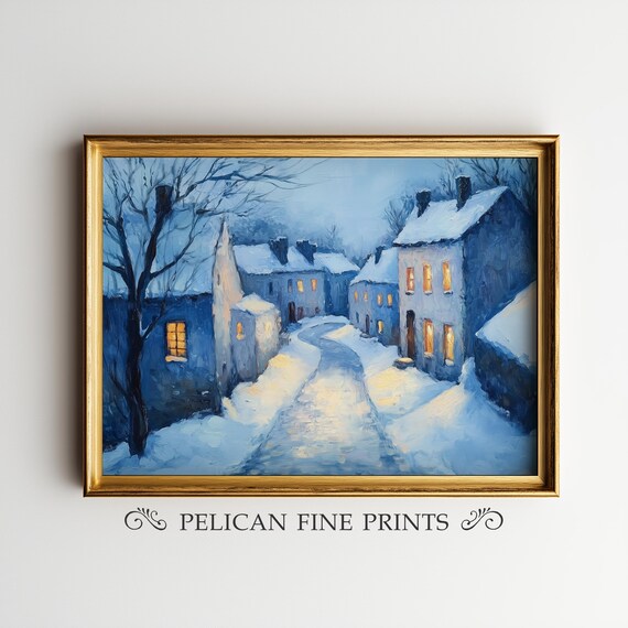Cozy Winter Village Night Snowy Street Glowing Windows Painting Poster