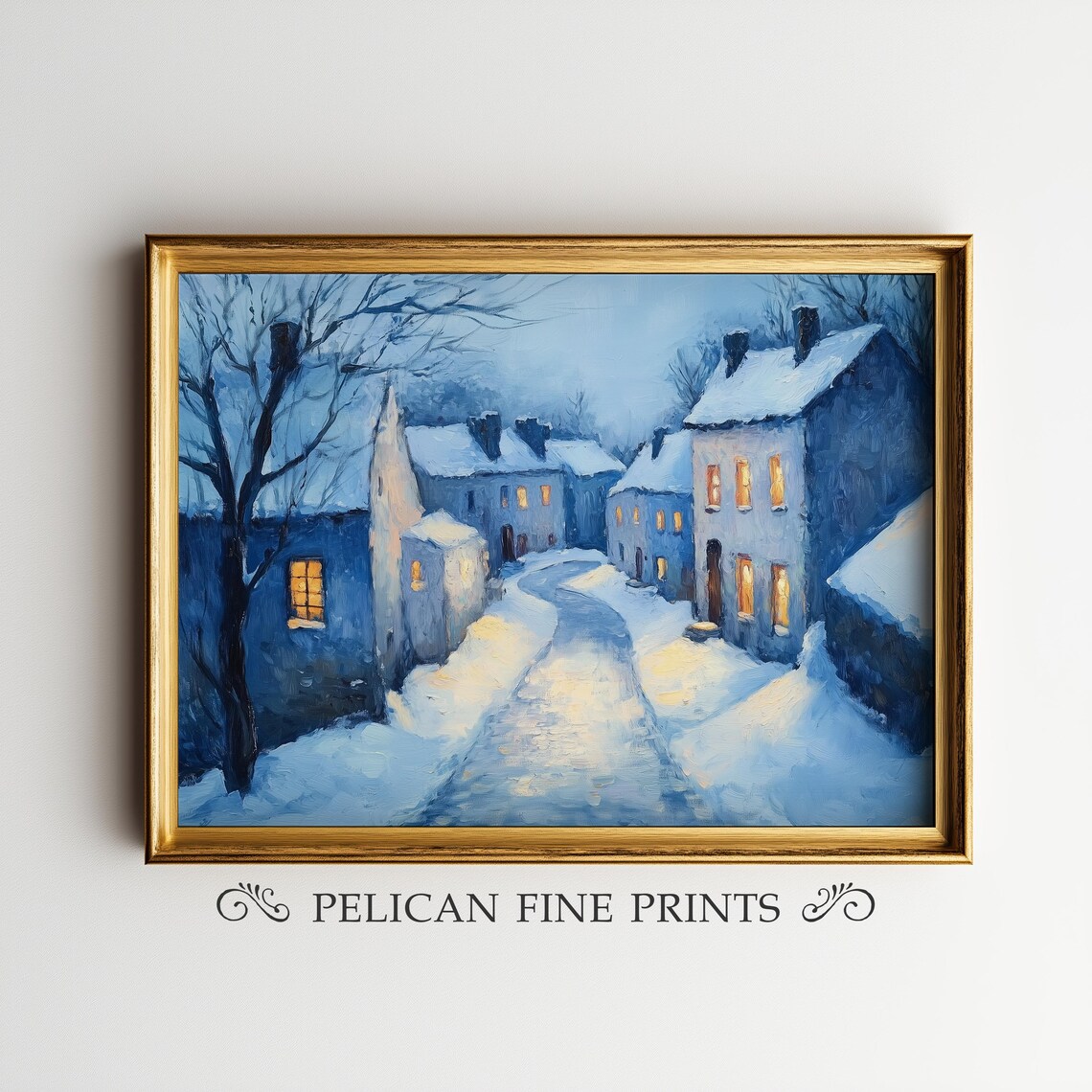 Cozy Winter Village Night Snowy Street Glowing Windows Painting Poster