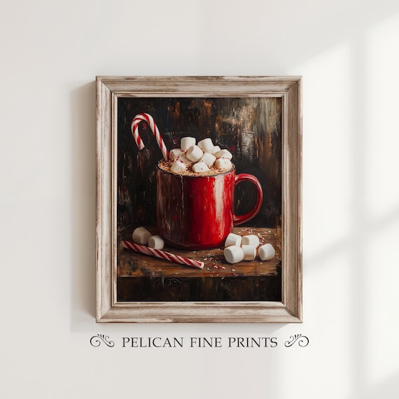 Cozy Christmas Hot Cocoa Red Mug Marshmallows Candy Cane Print