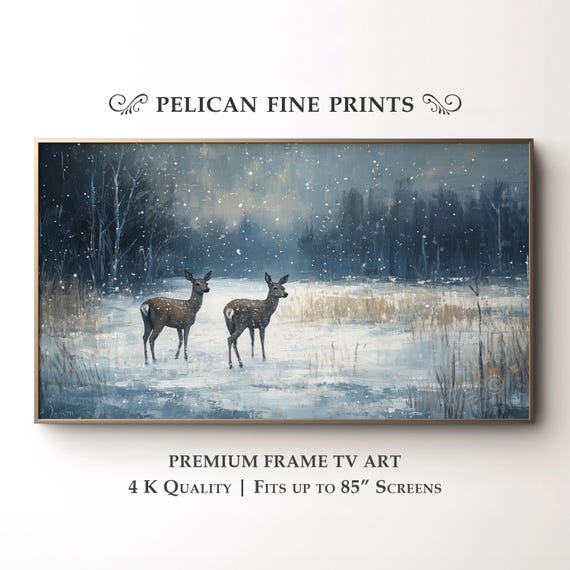 Moody Snowy Meadow With Deer Tv Art Rustic Winter Landscape Farmhouse Decor Tv62
