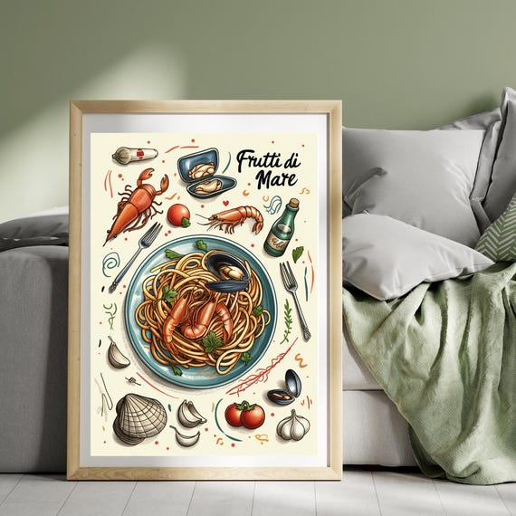 Spaghetti Frutti Di Mare Poster Travel Print Seafood Pasta Italian Food Italy Art Illustration