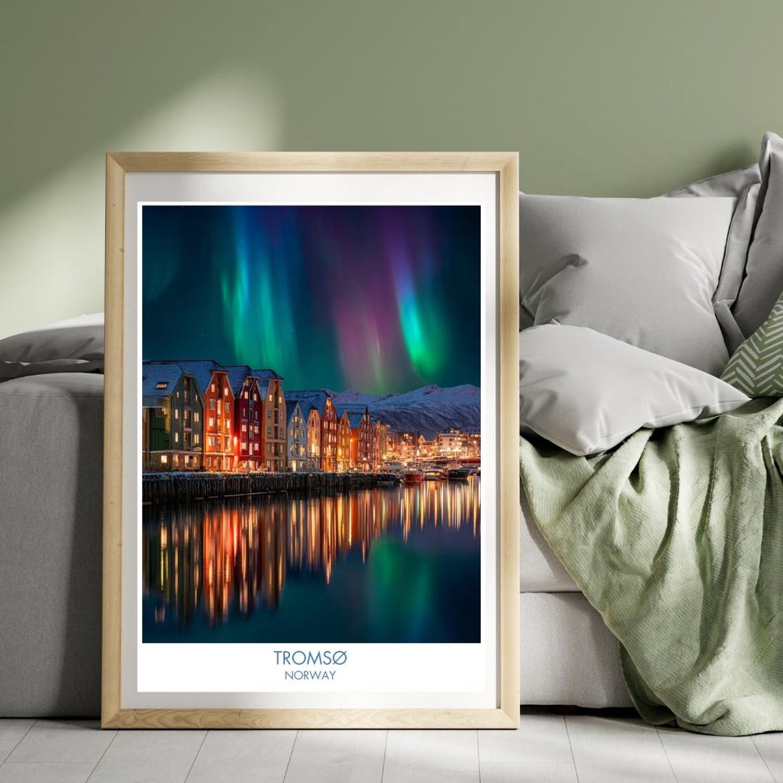 Tromso Norway Northern Lights Harbor Reflection Night Travel Poster