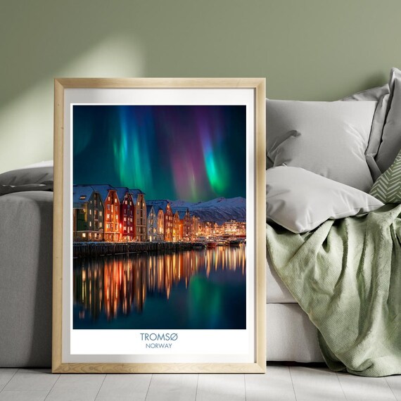 Tromso Norway Northern Lights Harbor Reflection Night Travel Poster