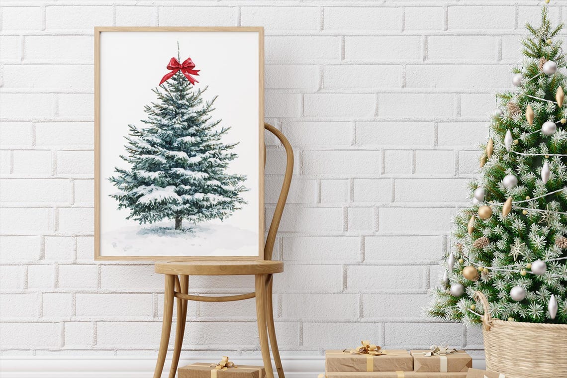 Snowy Christmas Tree With Red Bow Topper Watercolor Holiday Poster - Image 2