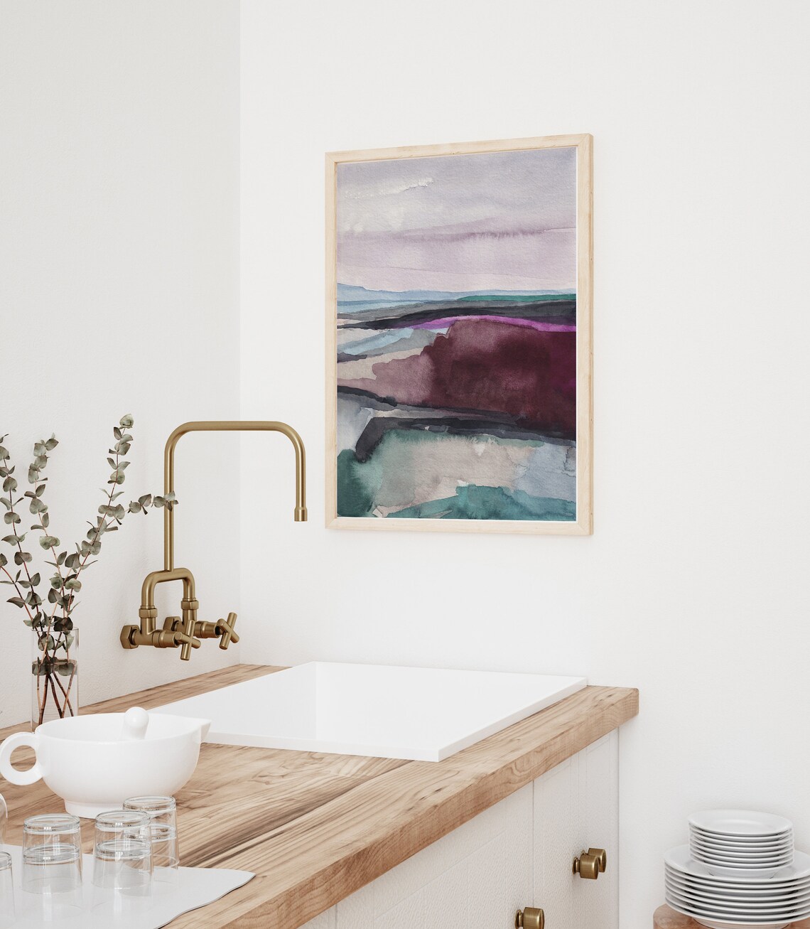 Moody Abstract Watercolor Landscape in Purple Teal Wall Art Tones - Image 2