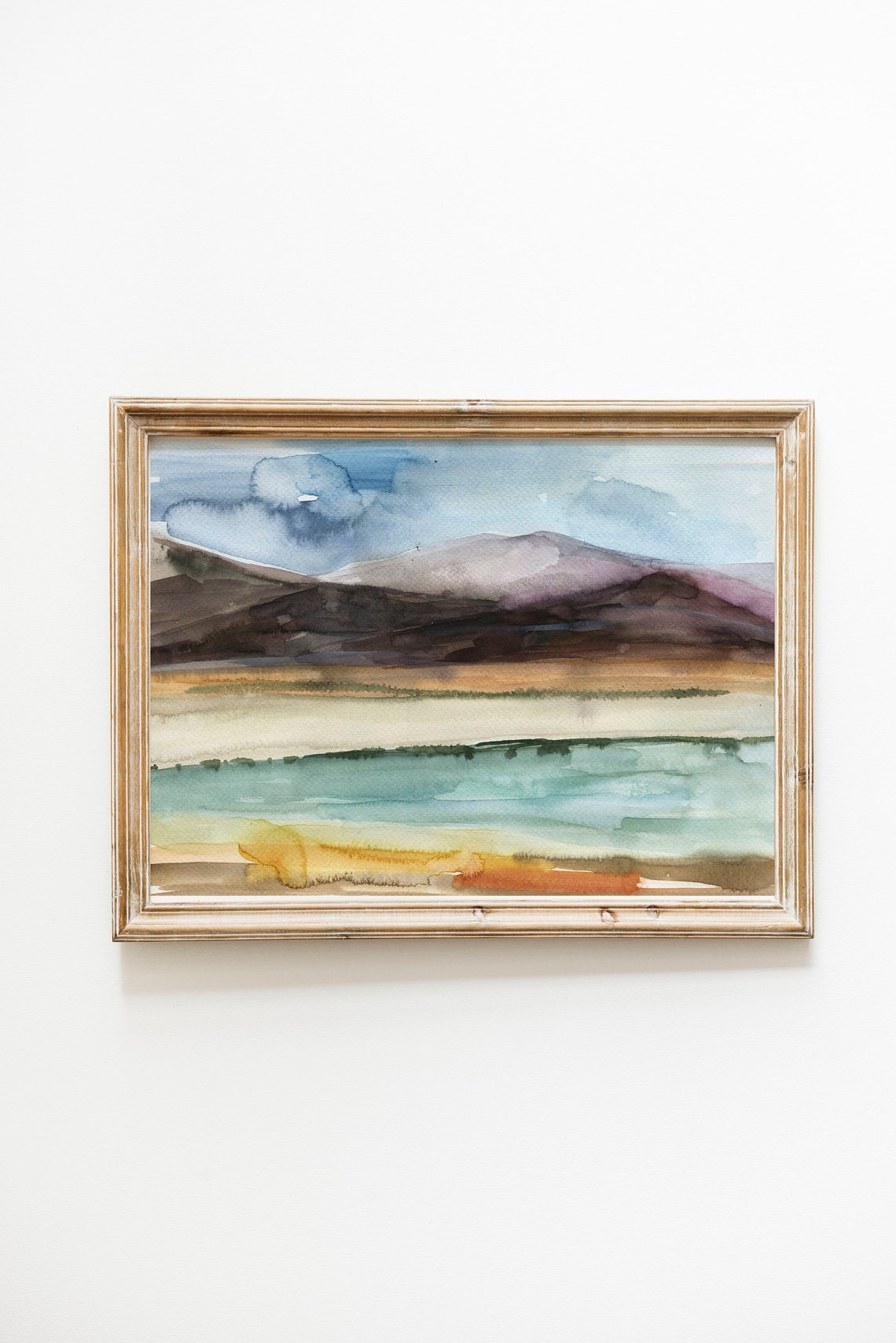 Calm Abstract Watercolor Mountain Lake Landscape Wall Art Decor