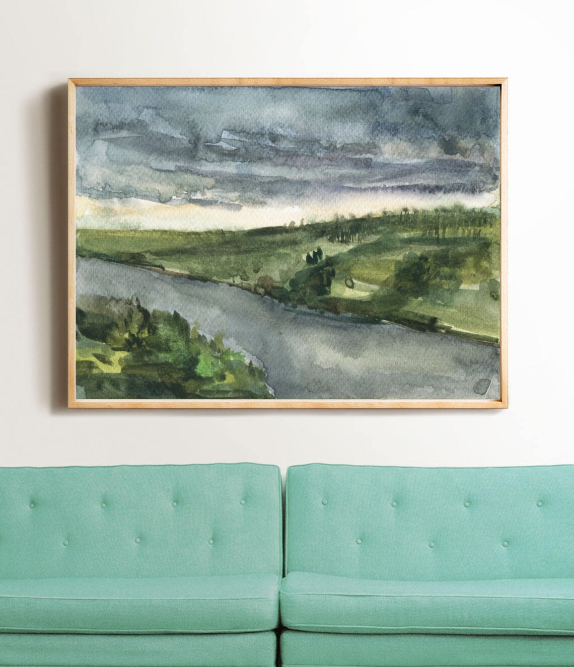 Watercolor River Valley Cloudy Sky Green Hills Landscape Nature Print - Image 2