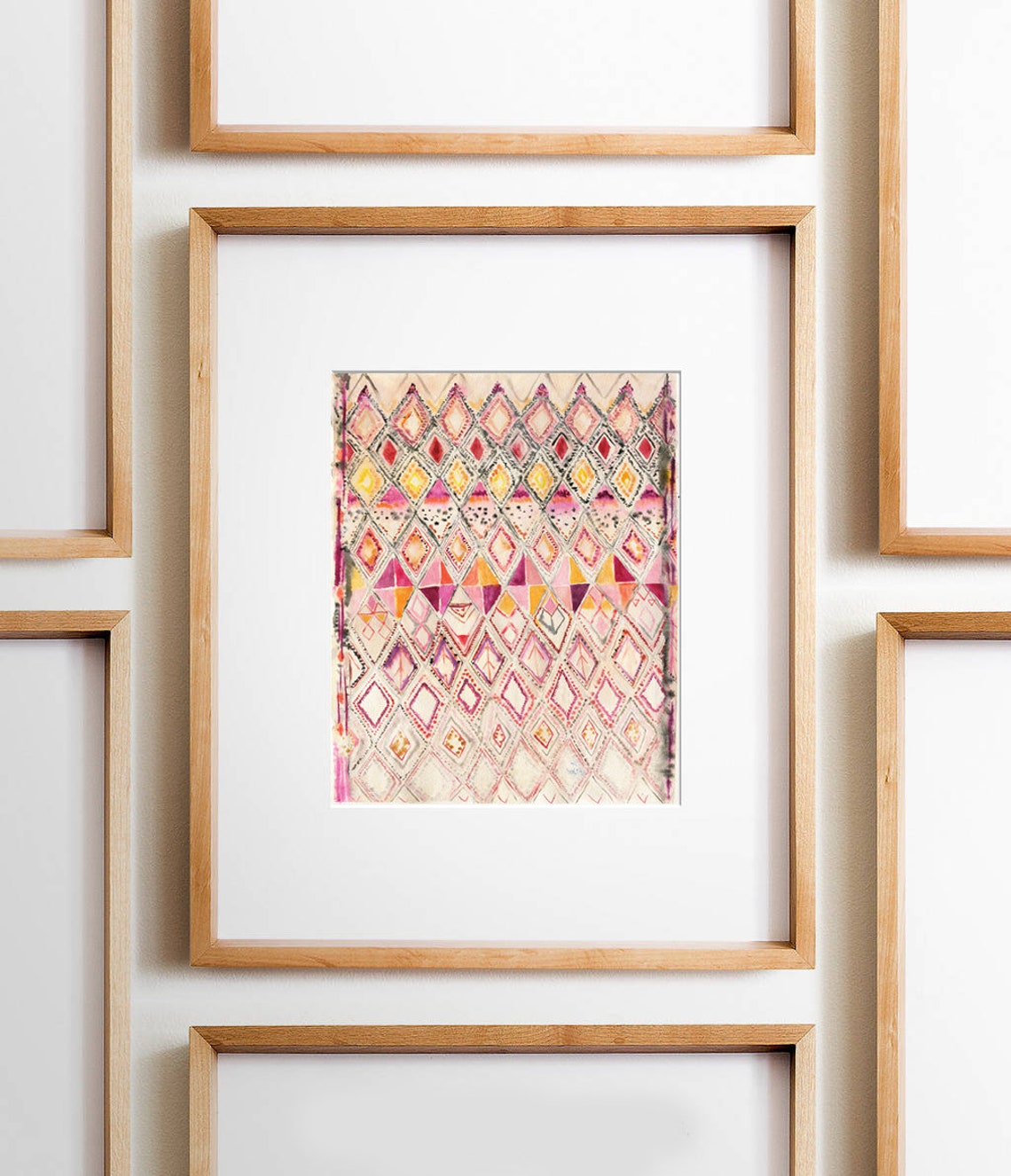 Pink Moroccan Rug Diamond Lattice Pattern Watercolor Wall Art - Image 2