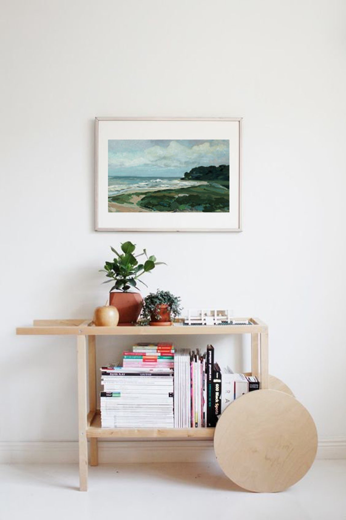 Green Cliffside Coastal Landscape Ocean Waves Painting Print