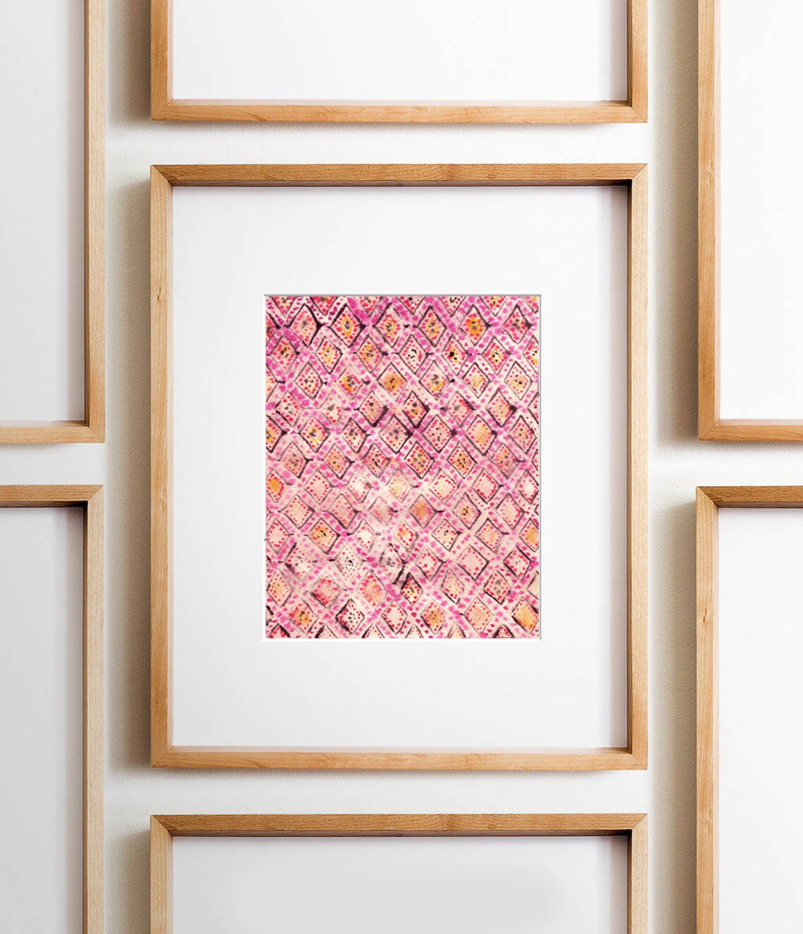 Pink Moroccan Rug Style Poster Diamond Lattice Pattern Watercolor Art
