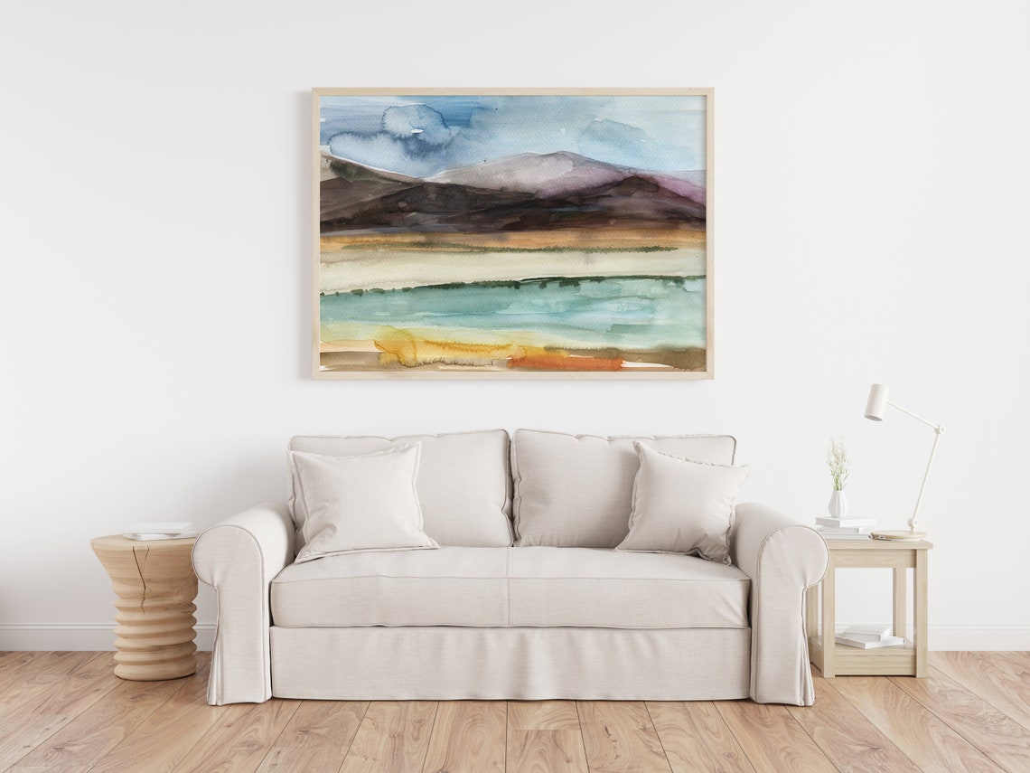 Calm Abstract Watercolor Mountain Lake Landscape Wall Art Decor - Image 2