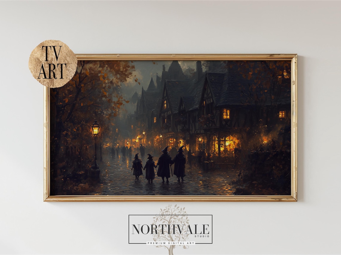 Moody Witches Night Village Street Halloween Fantasy Scene Poster