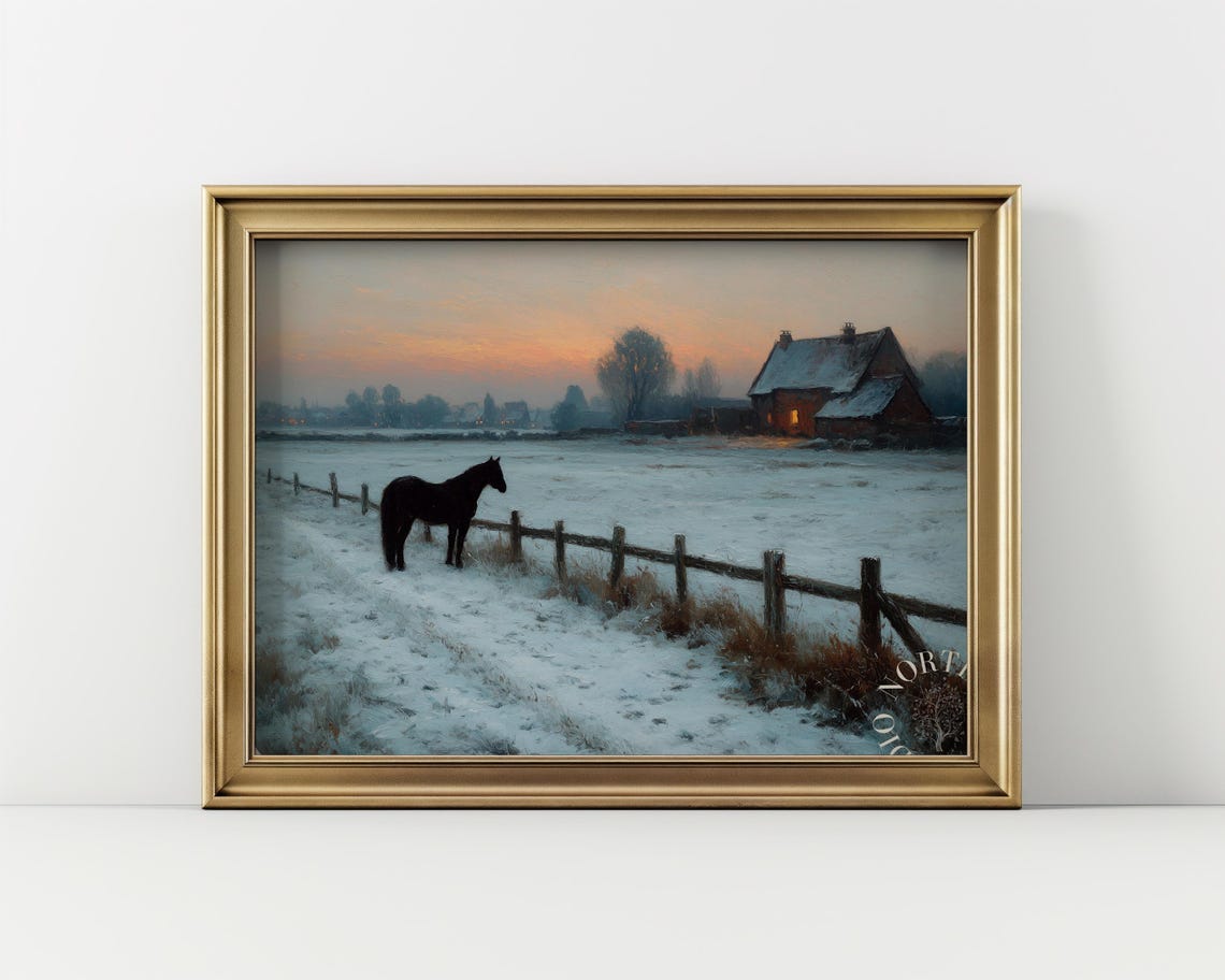 Black Horse by Snowy Fence Cottage Evening Winter Landscape Poster