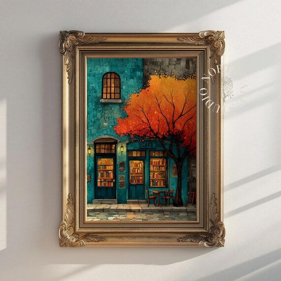 Autumn Book Cafe Exterior Painting Cosy Bookish Wall Art Vibrant Orange And Red Tree Rustic Fall Scene Vintage Decor 114