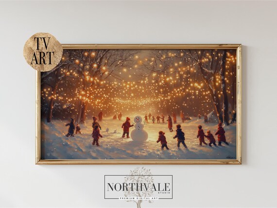 Winter Wonderland Children Playing In Snow Snowman Lights Print