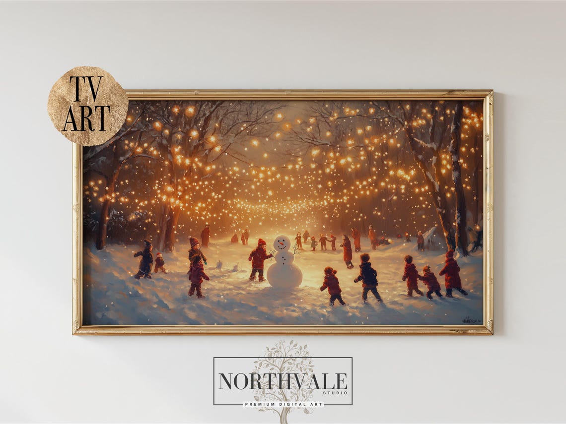 Winter Wonderland Children Playing In Snow Snowman Lights Print