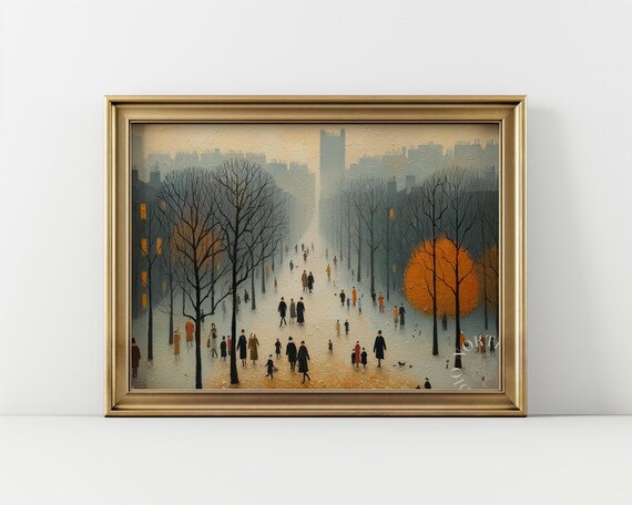Autumn Park Painting Oil Wall Art Breezy Fall Day Scene Rustic Urban Landscape Decor Vintage Style Print 188