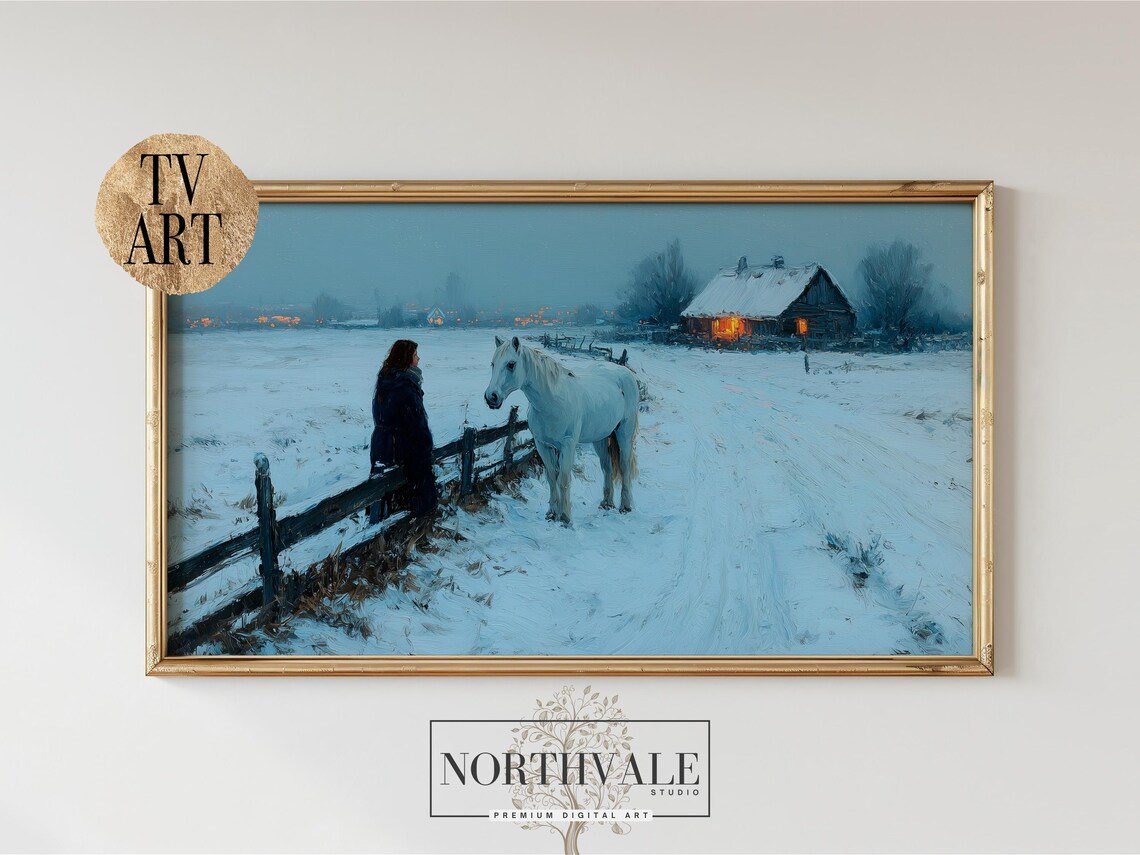 White Horse and Woman at Snowy Village Fence Winter Art Poster