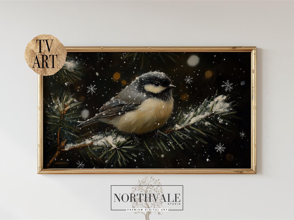Winter Chickadee Art Print, Rustic Holiday Decor