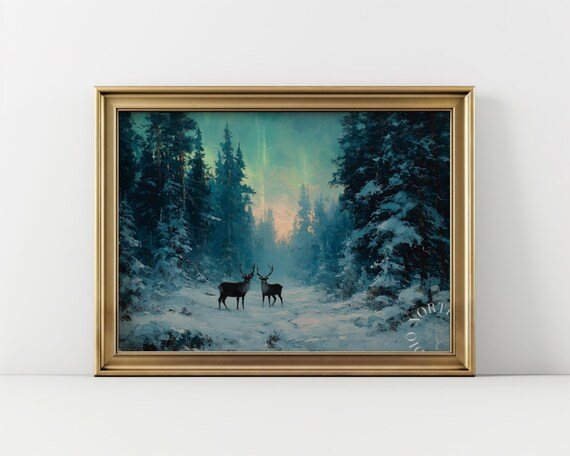 Two Reindeer in Snowy Pine Forest Blue Winter Painting Poster