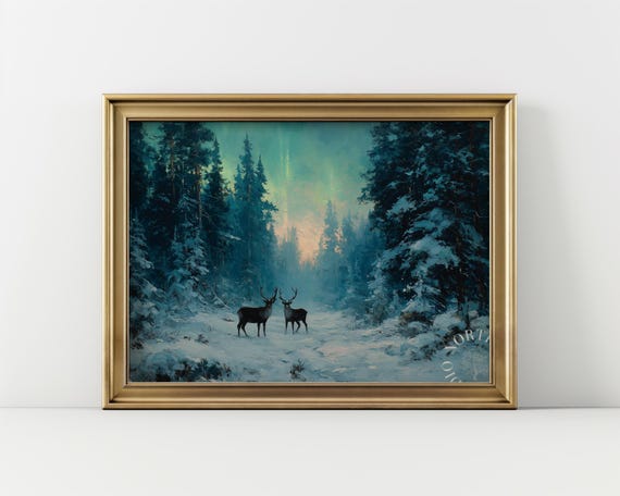 Winter Forest Scene Reindeer Among Snowy Trees Rustic Landscape Art Vintage Decor Cosy Holiday Wall Painting 249