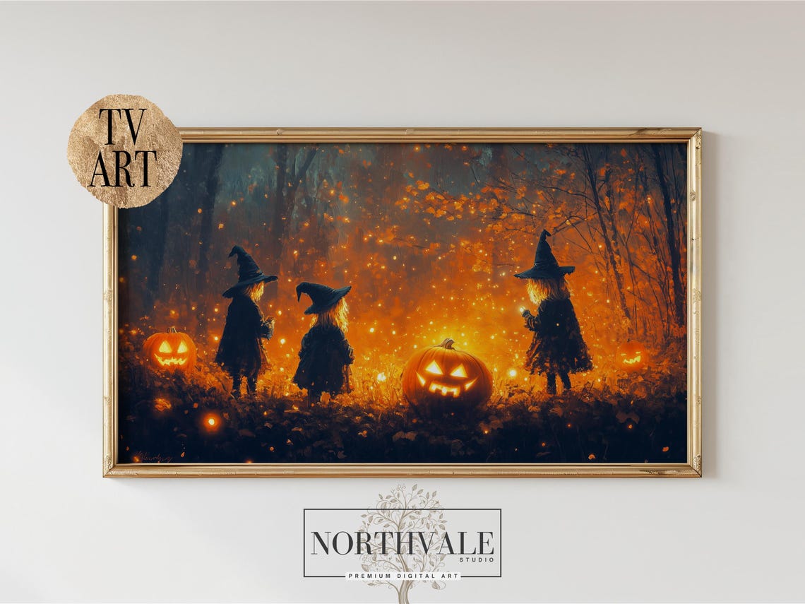 Little Witches Halloween Night Pumpkin Forest Glowing Scene Poster