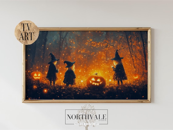 Little Witches Halloween Night Pumpkin Forest Glowing Scene Poster
