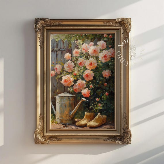 English Cottage Garden Art With Roses Vintage Floral Oil Painting Rustic Country Decor Flower Wall Still Life Print 19