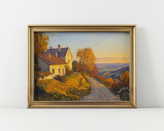 Autumn Hillside At Sunset Painting Rustic Landscape Art Cottage Scene Earthy Fall Colors Wall Decor 88