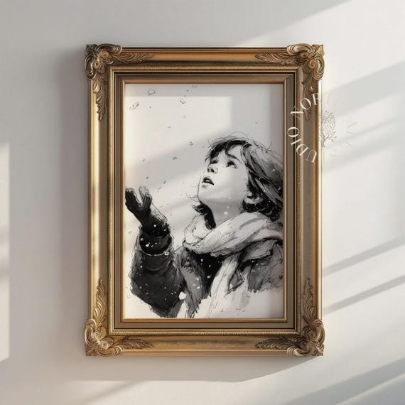 Childs Wonder In Winter Delicate Ink Drawing Charming Vintage Scene Cosy Wall Art Holiday Decor Print 133