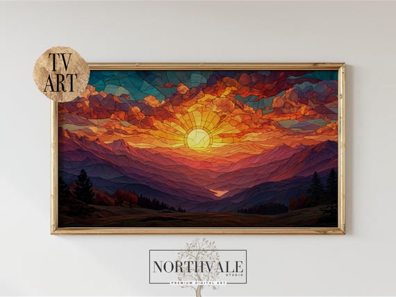 Moody Mountain Stained Glass Tv Art Vibrant Sky Decor Dramatic Clouds Samsung Frame Colorful Nature 134