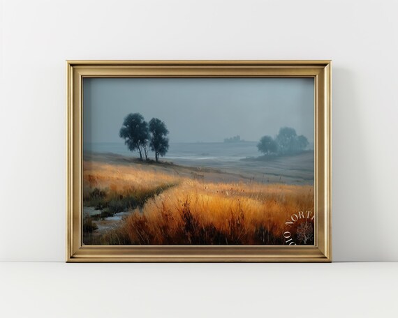 Quiet Autumn Tonal Landscape Art Rustic Faded Grasses Peaceful Fall Scene Country Wall Decor Serene Nature Painting 223