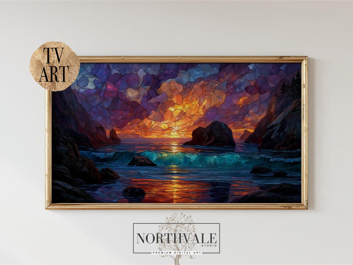 Stained Glass Ocean Sunset Mosaic Coastal Rocks Vibrant Poster