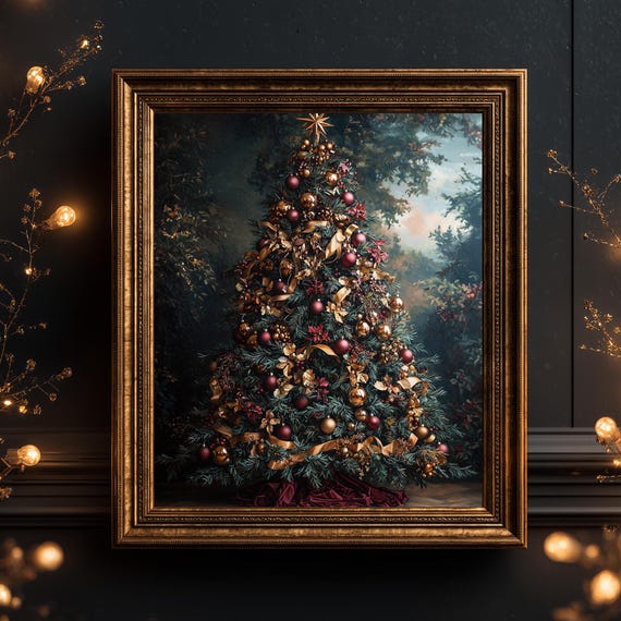 Festive Christmas Tree Painting Vintage Holiday Wall Art Moody Decor Rich Burgundy And Gold Accents Classic Print 154