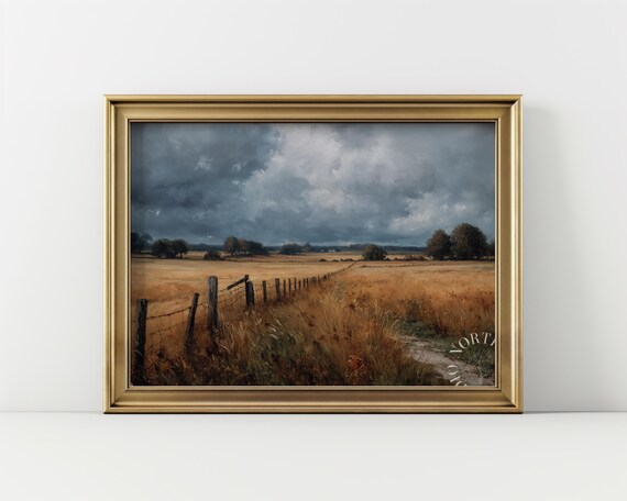 Rustic Autumn Field Painting Wall Art Moody Fall Landscape Earthy Countryside Decor Vintage Farm Scene 176