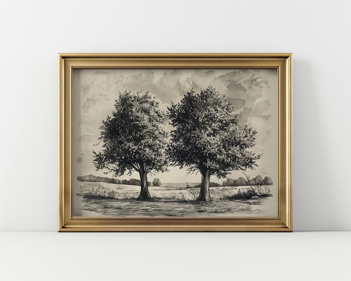 Vintage Penandink Landscape Art Print Rustic Farmhouse Decor
