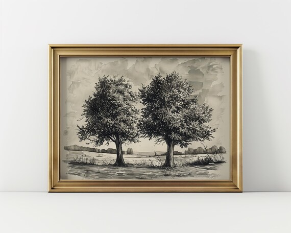Two Trees Pen and Ink Sketch Vintage Farmhouse Wall Art Rustic Decor Gift