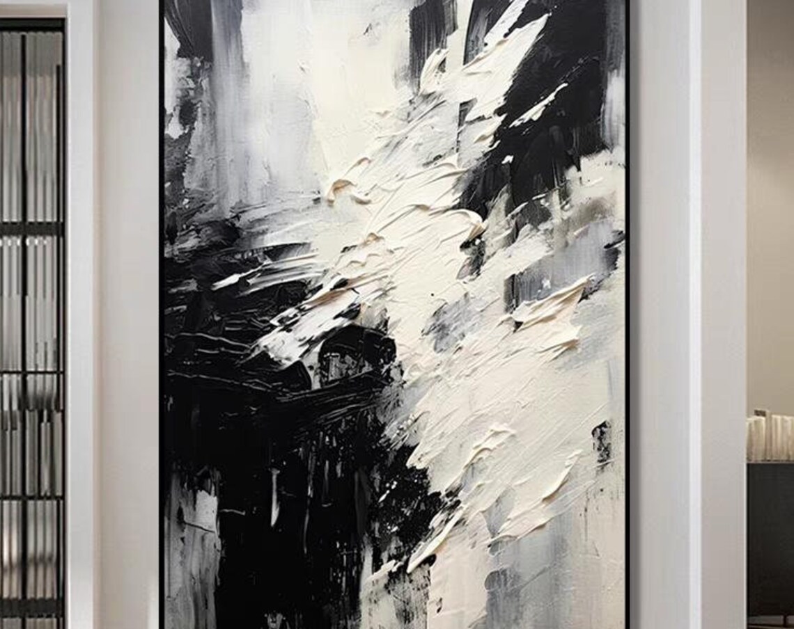 Black White Brush Stroke Acrylic Painting Contemporary Wall Decor Hand Painted Oversize Thick Texture Art Abstract Texture Artwork